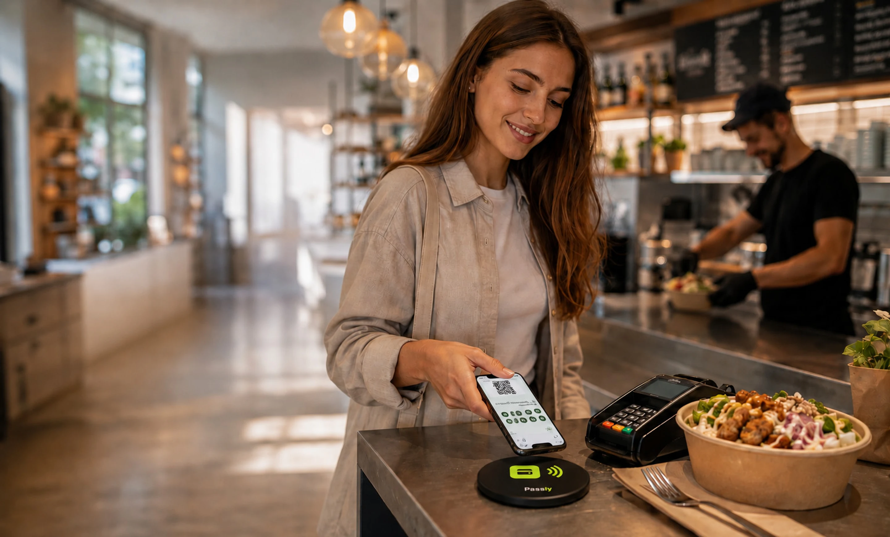 Kundin am Tresen eines Take-aways: Sie hält ihr Handy an den NFC-Tag mit Passly-Logo, auf dem Display liegt ihre Stempelkarte mit den gesammelten Stempeln.